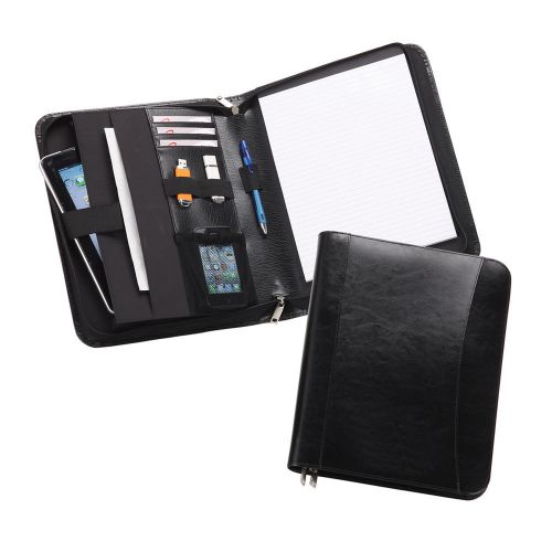 Black Color Leather Zip-Around Padfolio Padded Tablet Sleeve Organize - AP8177
