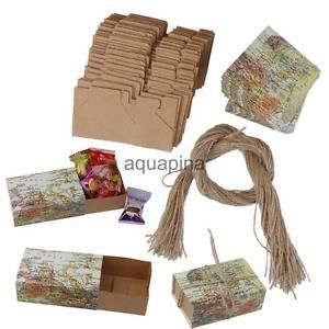 Wholesale 50pcs World Map Paper Candy Boxes Bag w/Linen Wedding Favors Gift