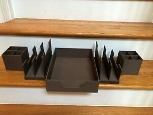Brown Fabric Desk Organizer~5 Piece~Paper Tray~2 Vertical Sorter~2 Pencil Holder