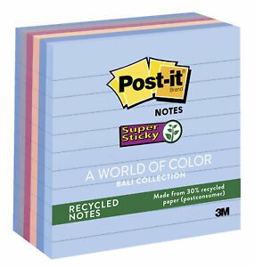 Post-it Lined Recycled Notes, 4 x 4 Inches, Bali Colors, 6 Pads with 90 Sheets