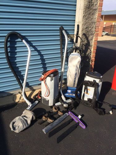 Lot of 2 used ProTeam Backpack &amp; 1 PowrFlite upright commercial vacuum cleaners