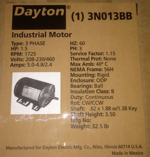 NEW IN BOX DAYTON 3N013BB INDUSTRIAL MOTOR 1.5HP 3PH