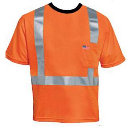 New Safety Reflective ANSI CLASS II Orange T-SHIRT W/ USA Flag POCKET T3021, L