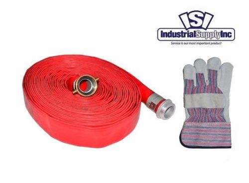 4&#034; x 25ft Red Water Discharge Hose Pin Lug w/Striped Leather Gloves (FS)