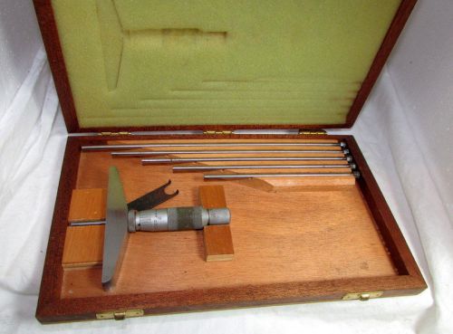 Lufkin 0-6&#034; micrometer depth gage 6 extensions original wood case lufkin rule co for sale