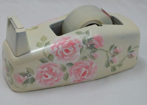 Vintage hand painted pink roses scotch tape dispenser - heavy duty w/ tape wheel for sale