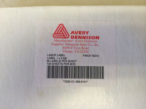 Avery Dennison Laser label 1&#034; x 2 5/8&#034; 30 Labels Per Sheet 100 Sheets