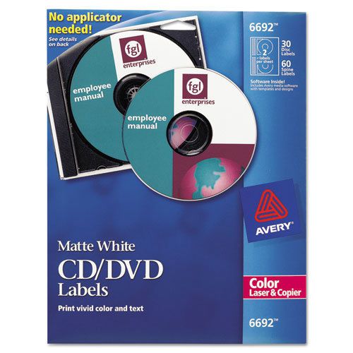 Avery  Laser CD/DVD Labels, Matte White, 30/Pack, PK - AVE6692