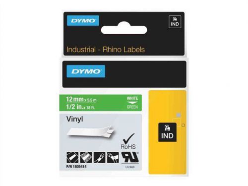Dymo rhino coloured vinyl - vinyl tape - white on green - roll (0.5 in x 1805414 for sale