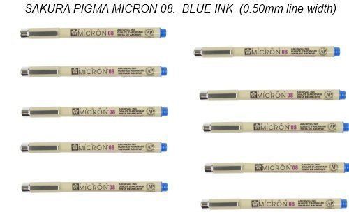 10 open stock sakura pigma micron 08 pen 0.50mm - blue ink for sale