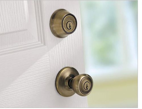 Kwikset tylo antique brass entry knob and double cylinder deadbolt combo pack for sale