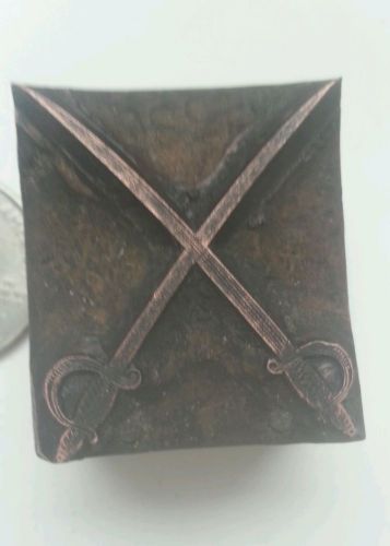 VINTAGE Copper METAL Printer Block Letter Press crossed swords SWORD Masonic