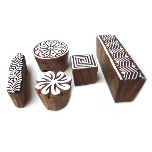 Geometric, Floral Hand Carved Wooden Block Printing Indian Tags (Set of 5)