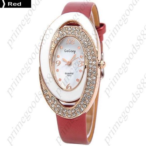 Oval Analog Rhinestones PU Leather Quartz Ladies Wrist Wristwatch Women&#039;s Red