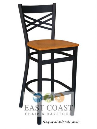 New Commercial Cross Back Metal Restaurant Bar Stool with Natural Wood Seat