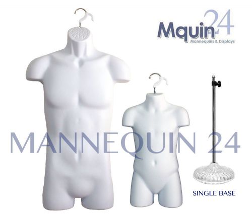 SET of 2 MANNEQUINS: MALE &amp;  CHILD BODY FORMS +1 STAND +2 HANGERS WHITE FORMS