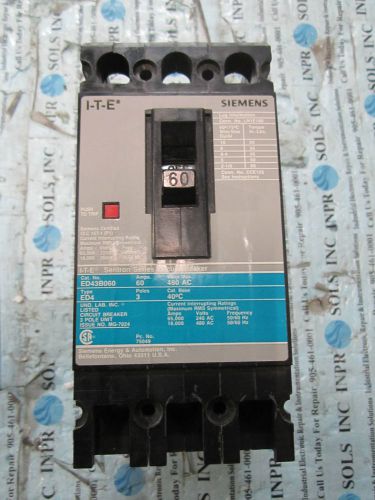 Ite siemens ed43b060 sentron series circuit breaker 60amp 480vac 3poles *tested* for sale