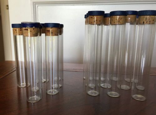 Lot of 18 glass vials with cork stoppers, lab glassware for sale