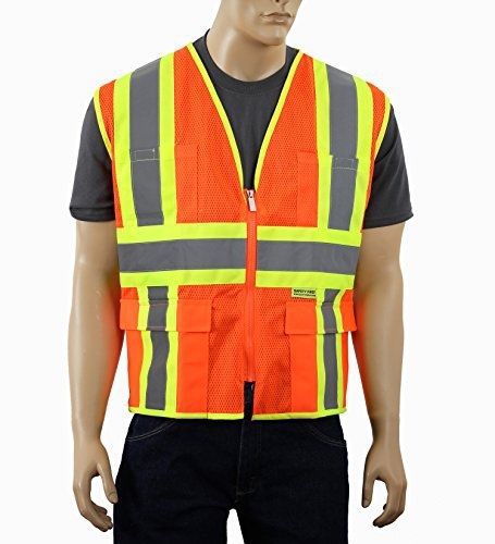 Safety depot class 2 safety vest with pockets and zipper closure two tone for sale