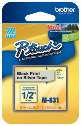 Brother P-Touch M Tape 1/2&#034; Width M-931 Black Print on Silver Tape -New