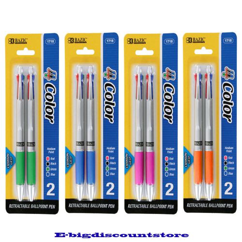 NEW BAZIC - SILVER TOP 4-COLOR PEN WITH CUSHION GRIP, ASSORTED, 2 PER PACK