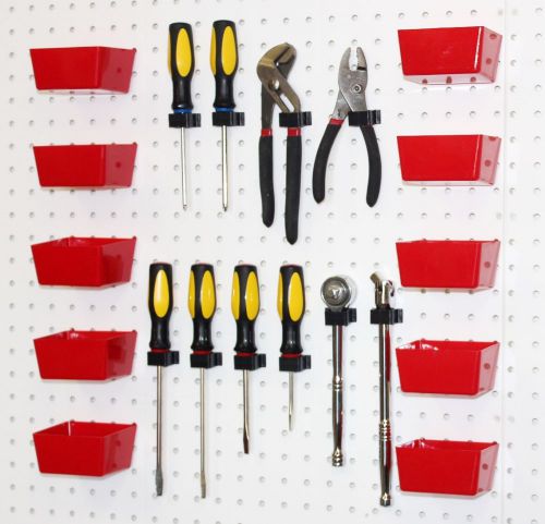 Red pegboard bins &amp; peg hooks - 20 pc set garage tool board craft storage, for sale