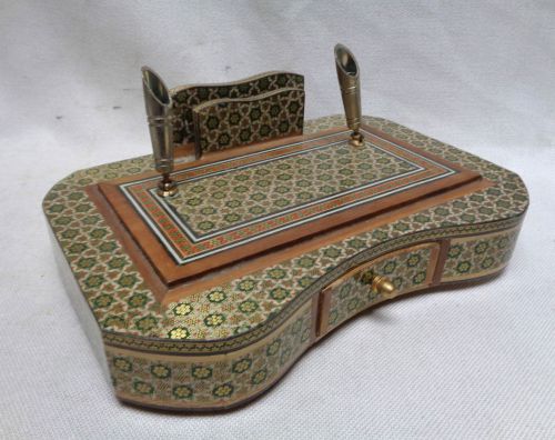 Beautiful Antique Wooden Paper &amp; Pen Holder with Inlaid Star Pattern