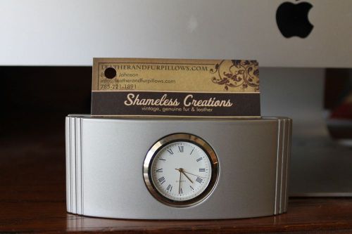 Heavy Duty BRUSHED SILVER Desktop Business Card/PICTURE Holder with Clock