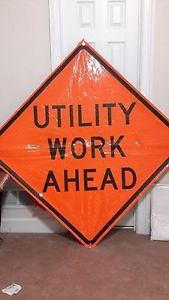Construction black orange reflective utility at work sign 66&#034; x 66&#034; commercial for sale