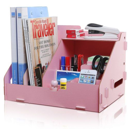 All-in-one pink wood desktop office supplies organizer / magazine &amp; document ... for sale