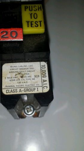 FEDERAL PACIFIC  20 AMP  SINGLE  POLE GROUND FAULT BRKR  BOLT ON  10K AIC NBGF20