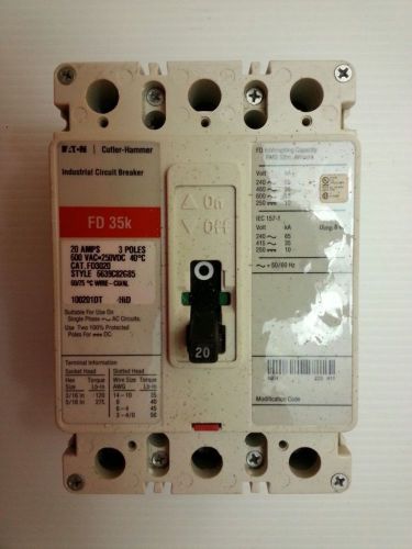 Eaton Cutler Hammer FD3020 Circuit Breaker 20AMP 600V 3Pole
