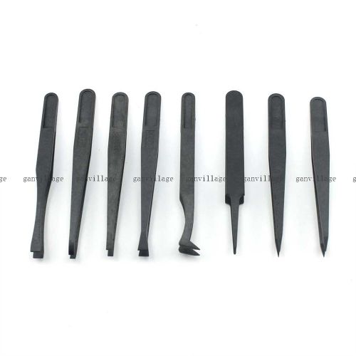 8 pcs black anti-static plastic tweezer heat resistant straight bent repair tool for sale