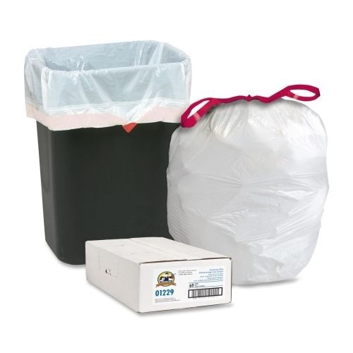 Genuine Joe 01229 16-Gallon Drawstring Trash Can Liners, White - 60-Pack