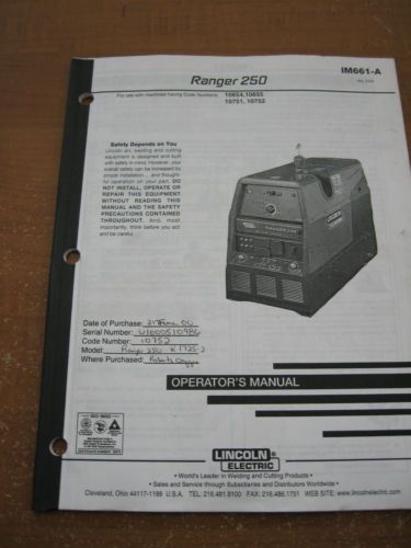 Lincoln ranger 250 welder operators / parts manual im661-a for sale