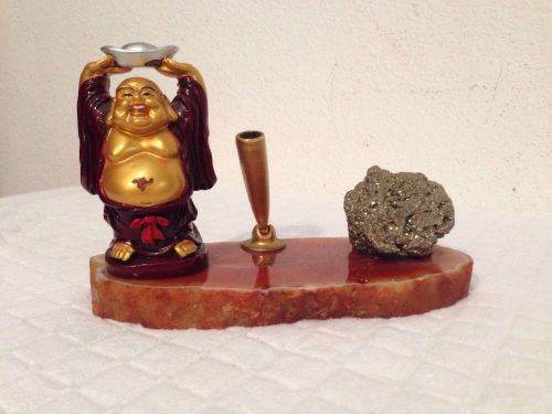 Lucky Buddha on Mineral Rock Base Pen or Pencil Holder Stand
