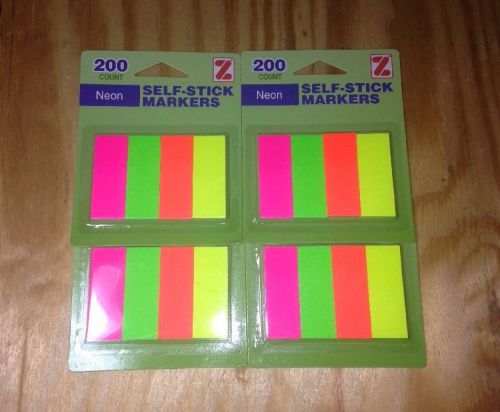 (4pk = 800ct) Neon Multi Color Z-Notes Self Stick Markers 200Ct Ea.