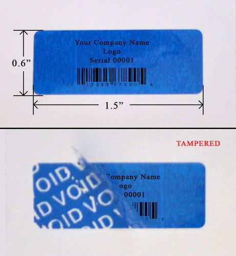 10,000 security label seal sticker blue custom print tamper evident 1.5&#034; x 0.6&#034; for sale