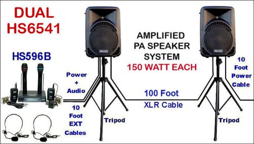 Hisonic dual 300 watt pa public address system + stands + wireless microphones for sale