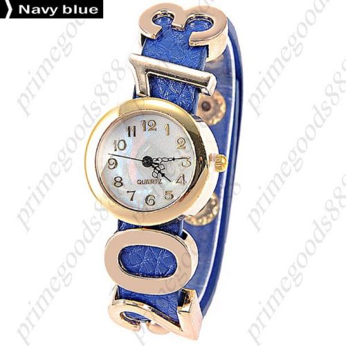 Number numeral round pu leather lady ladies quartz wristwatch women&#039;s navy blue for sale