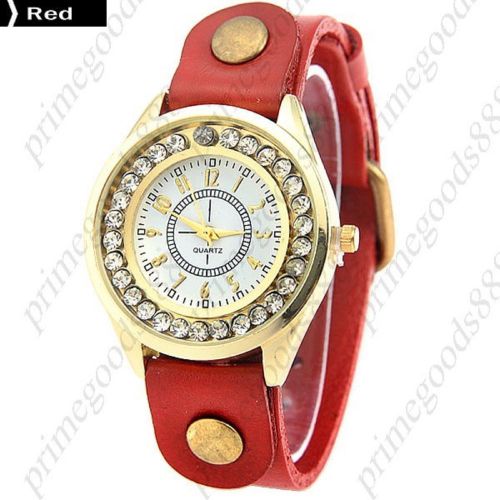 Round rhinestones analog pu leather lady ladies quartz wristwatch women&#039;s red for sale