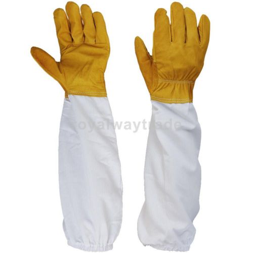 1 pair beekeeping gloves with long sleeves protect for beekeeper- yellow &amp; white for sale