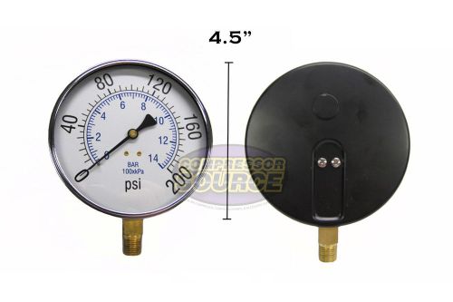 Quality compressed air pressure gauge 200 psi 1/4&#034; mnpt side mount mnt 4.5&#034; face for sale