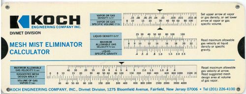 Koch Mesh Mist Eliminator Calculator Sizing Slide Rule - 1982 rare