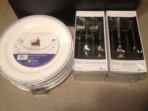 First Impressions 32 pc 9&#034; White Plastic Dinner Plates Silver Rim + 128 Forkes.