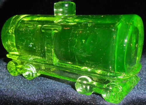 Green Vaseline glass train Tanker box car uranium yellow canary railroad RR art