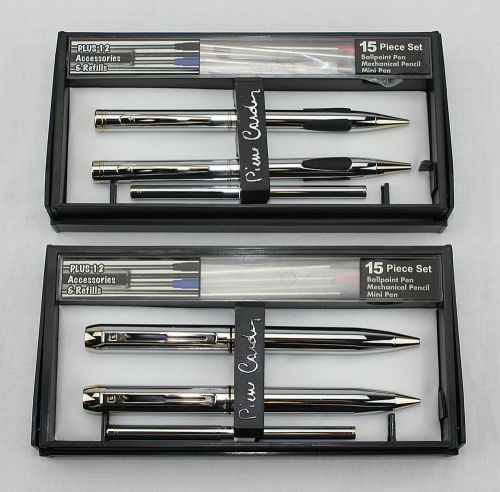 2 Pierre Cardin 15 Piece Chrome Pen, Mechanical Pencil, Mini Pen Sets +Refills
