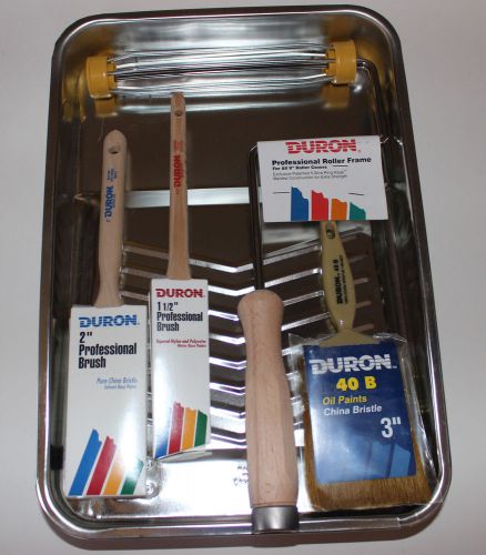 New 5 piece lot, large metal paint tray, duron roller, 3 duron paint brushes for sale