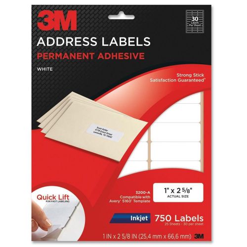 3M Permanent Adhesive Address Labels, 1 x 2.62 Inches, Inkjet, White, 750 per