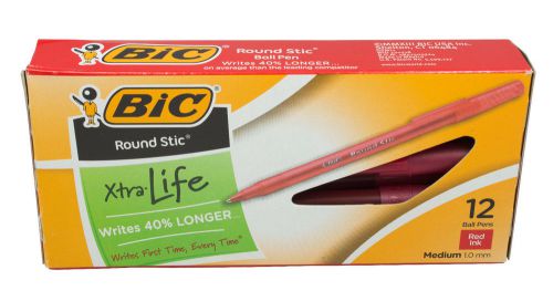 Bic Round Stic Ballpoint Pens Medium Point - Box of 12 - Red Ink